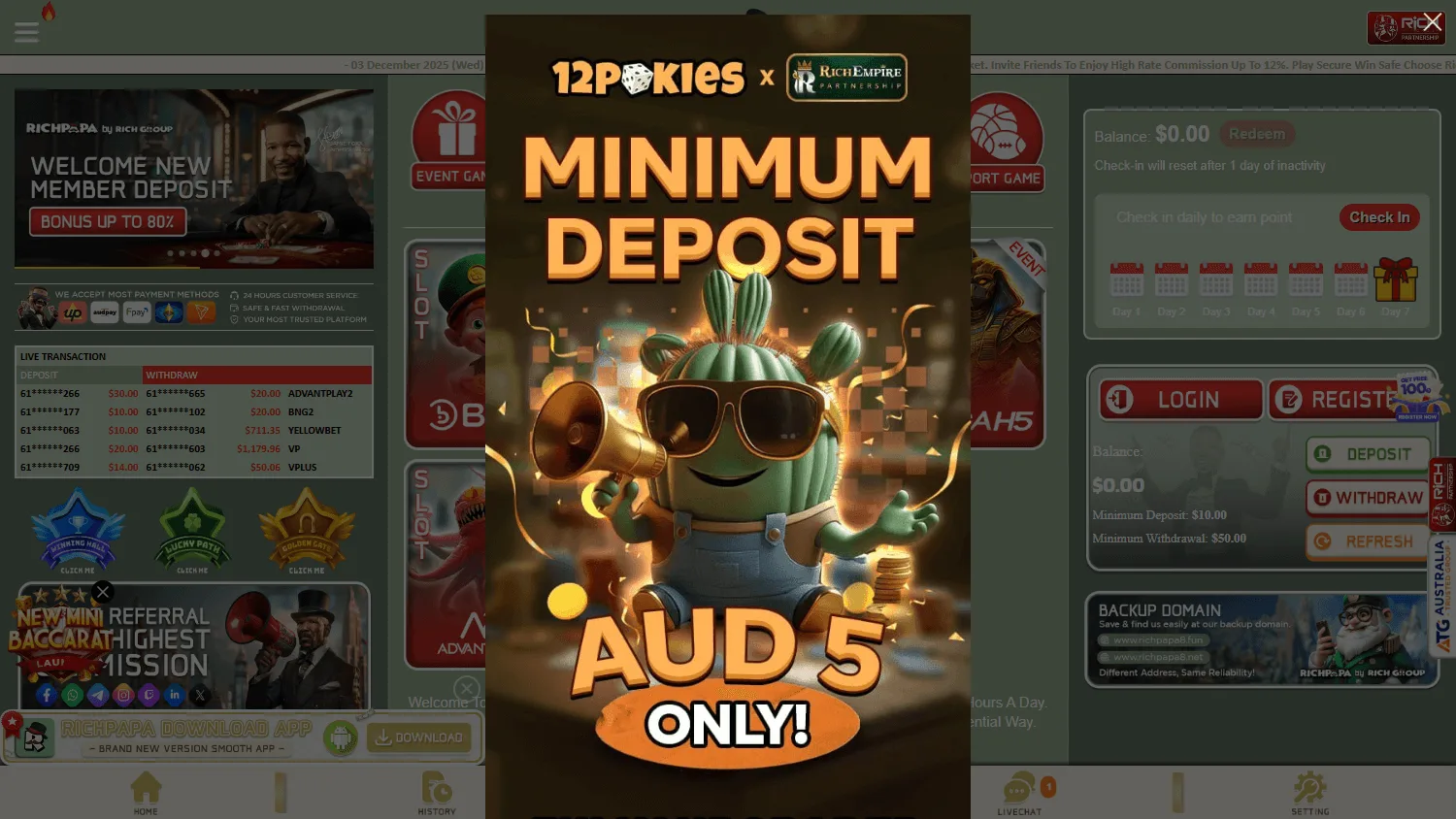 Rich Papa Casino desktop homepage for Australian players