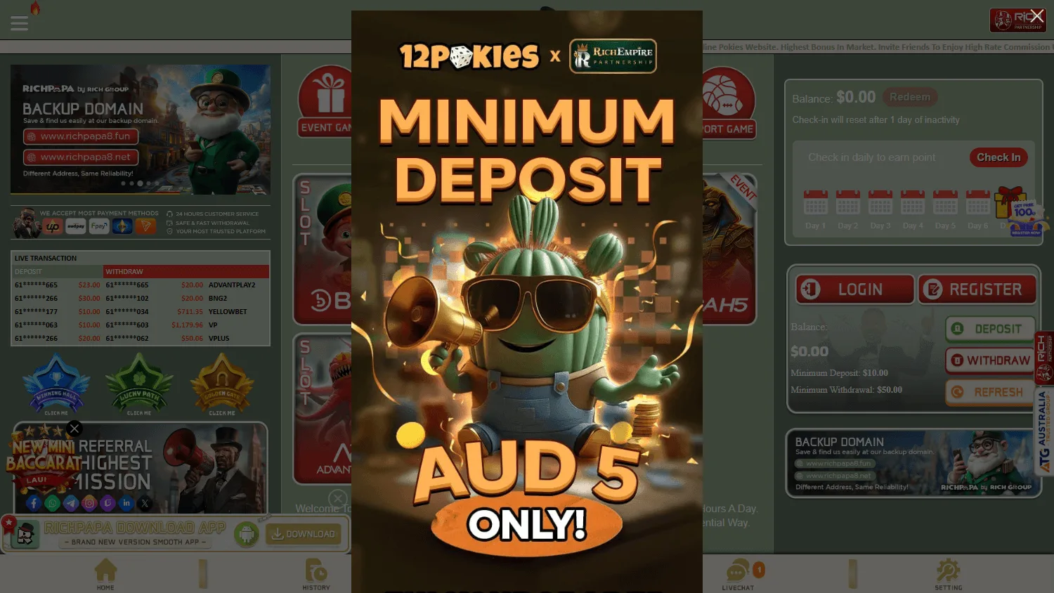 Rich Papa Casino desktop casino game lobby